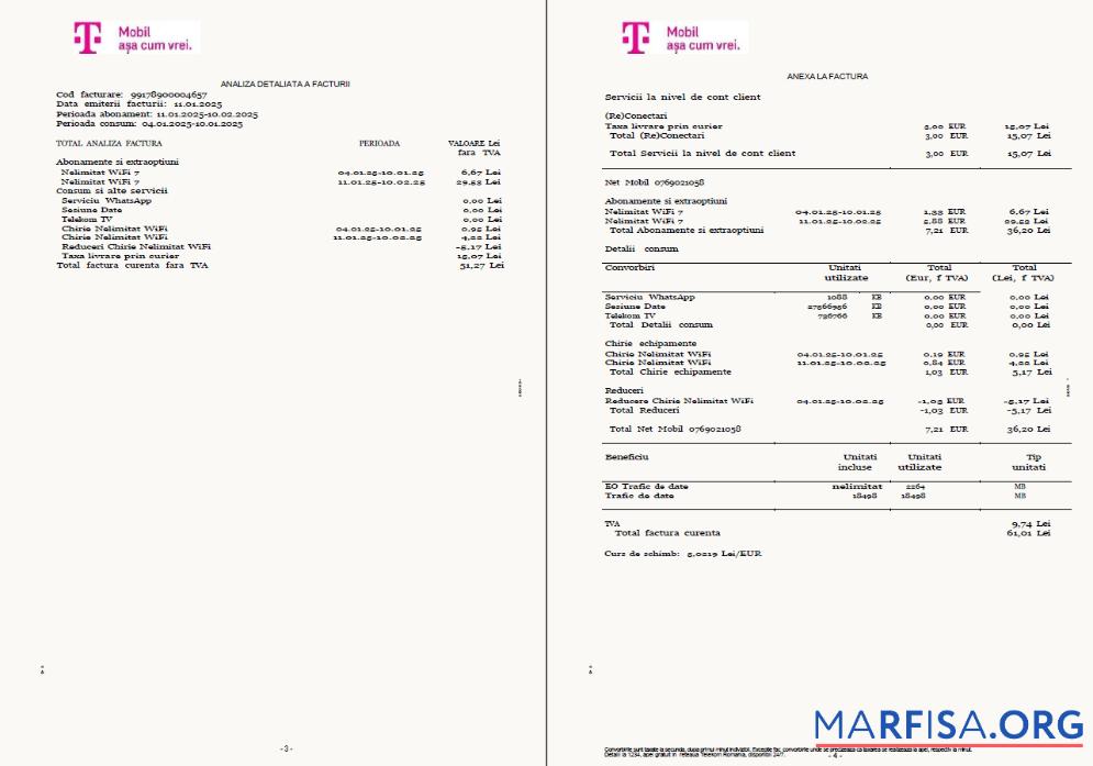 Blank Romania T Mobile utility bill template in Word and PDF formats, 4 pages, 3 4 pages